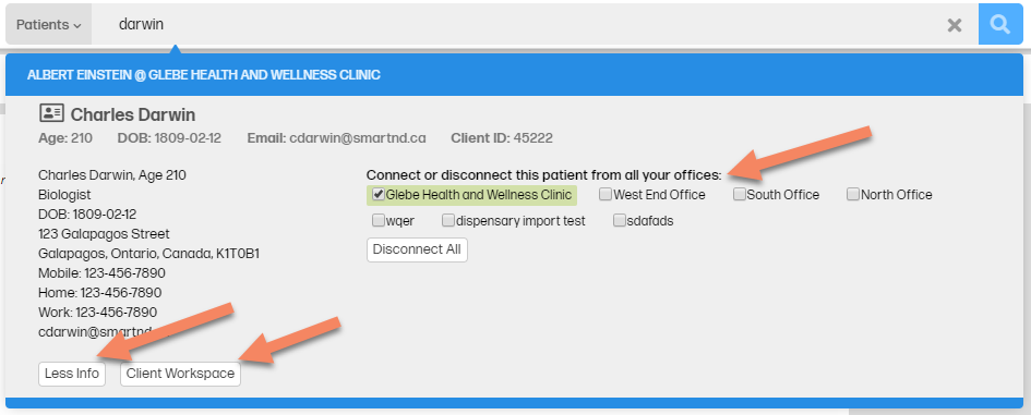for practitioners - how to see which offices a patient is connected to - shows main search bar with a patient result, and arrows pointing buttons to show which offices a patient is connected to, and how to connect the patient to other offices.